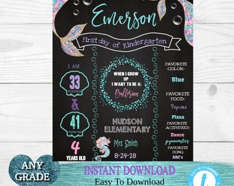 Mermaid Glitter First Day of School Sign, Mermaid tail Back to school Printable Chalkboard Poster, First day, Kindergarten , Any Age  Grade