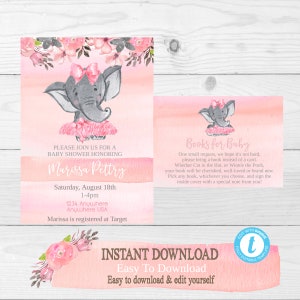 Pink Elephant Baby Shower Invitation, Books for baby, Package, girl Elephant Safari baby shower invite, Girl elephant,  rustic flowers, diy