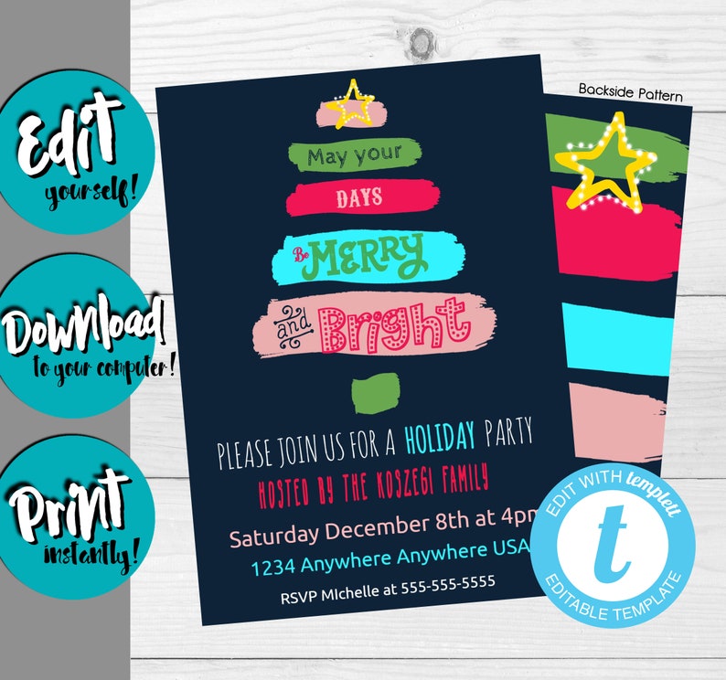 Xmas Party Invite Holiday Party Invitation Printable Christmas Invitations Merry and Bright