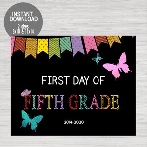 Butterfly with  Glitter First Day of Fifth Grade, Back to school sign, Poster,  Printable Chalkboard Sign, Fifth Grade, Instant Download