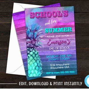 Schools Out Party, Pineapple Invitation, Schools Out For Summer, Hawaiian Party Invitations, End of The Year Party Invitation, Watercolor