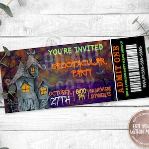 Halloween Party Invitations, Admit One Ticket, Spooktacular, Editable Party Invite, Printable Template, Templett, Edit Yourself, Download