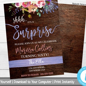 Shh It&#39;s A Surprise Birthday Invite, Rustic Bday Invite, Floral Surprise Party Invitation, Milestone Birthday, Rustic Wood, Printable Invite