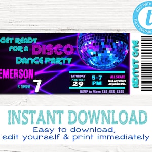 NEON DISCO Ticket  Invitation | Edit Yourself VIP, Disco Dance Party, Ticket, Invitation Birthday Instant Download, Glow 80&#39;s Party