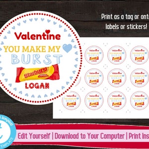 Candy Valentine&#39;s Day Tag, You Make My Heart Burst, Kids Valentines Day Stickers, Printable Valentine Label, Kids Valentine Tags, Editable