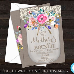 Brunch de la fête des mères, Invitation à la fête des mères, Invitation rustique à la fête des Mères, Invitation florale à la fête des Mères, Pot Mason, Dentelle, Fond en papier kraft