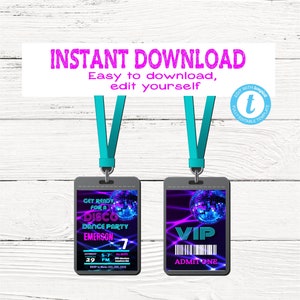 NEON DISCO Invitation Vip pass | Edit Yourself VIP, Disco Dance Party, Backstage pass, Invitation Birthday Instant Download, Glow 80&#39;s Party