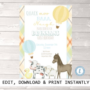 Farm Animals Birthday Invitation, hot Air Balloon Birthday Party, Barnyard Birthday, Farm Birthday Party, First Birthday Invite, Plaid