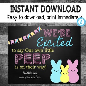 EASTER PREGNANCY ANNOUNCEMENT Peeps, Peep, Our own little, Easter chalkboard, pregnancy reveal, Photo Prop, Edit Yourself Instant download image 1