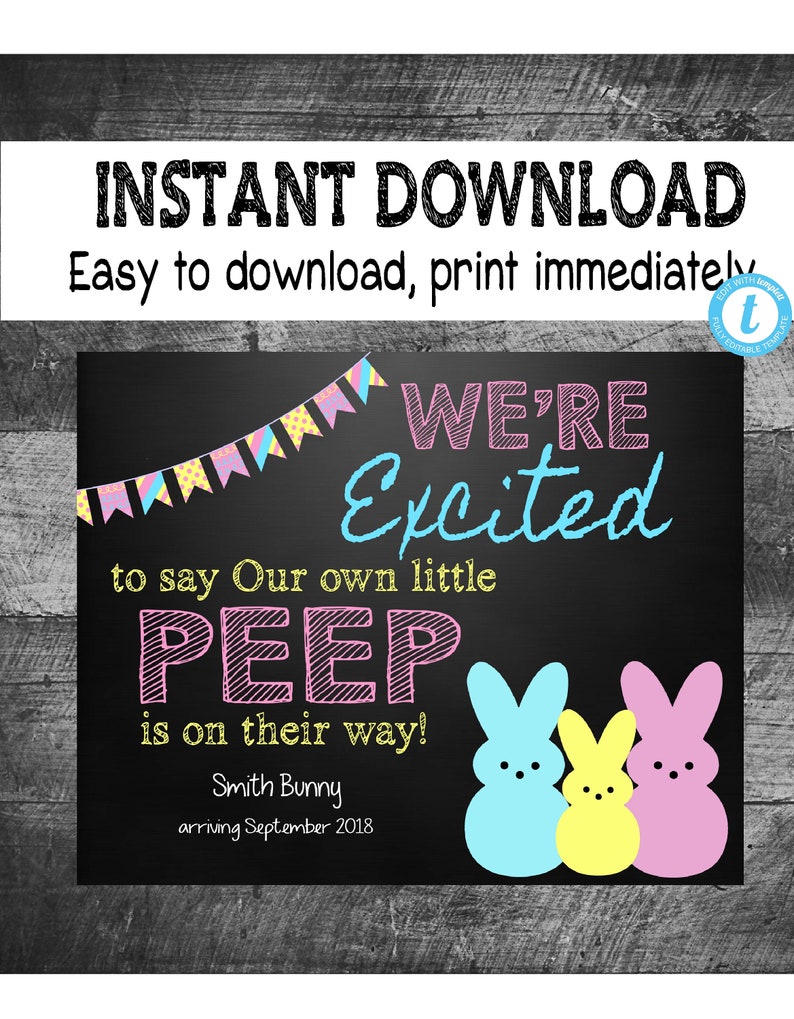 EASTER PREGNANCY ANNOUNCEMENT Peeps, Peep, Our own little, Easter chalkboard, pregnancy reveal, Photo Prop, Edit Yourself Instant download image 1