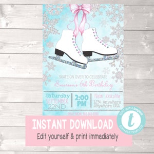 Ice Skates Birthday Party Invitations, Ice Skating Birthday Invite, Snowflakes, Winter Ice Skates Invites, Ice Skates Invite, Edit yourself