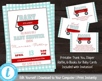 Red Wagon Baby Shower Invitation Bundle, Printable Baby Shower Invites, Checkered Baby Shower Invite Set, Baby Shower Invitation Package