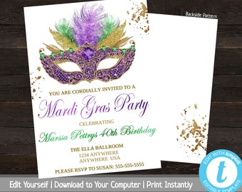 Mardi Gras Party Invite, Birthday Party Invitation, Mardi Gras Bday Party, Masquerade Birthday Party Invite, Milestone Birthday Invitation