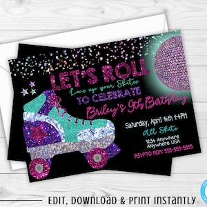 Roller Skate Birthday Party Invitation, 80&#39;s Disco Skate Party, Retro Style, Roller Skating Party Invitation, edit yourself Instant Download