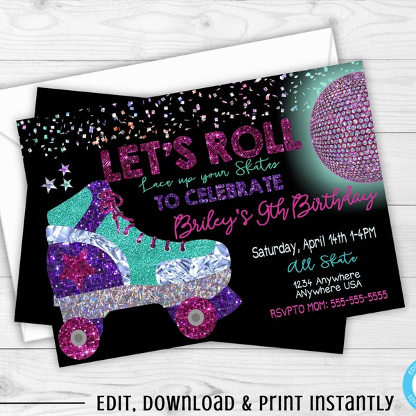 Roller Skate Birthday Party Invitation, 80's Disco Skate Party, Retro Style, Roller Skating Party Invitation, edit yourself Instant Download