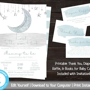 Loved to the Moon and Back Baby Shower Bundle, Baby Shower Invitation Boy, Baby Shower Set, Baby Shower Package, Printable Invite, Stars