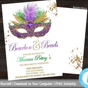 Bourbon and Beads Bachelorette Party Invite, Mardi Gras Bachelorette Party Weekend, Masquerade Party Invitation, Bachelorette Party Invite