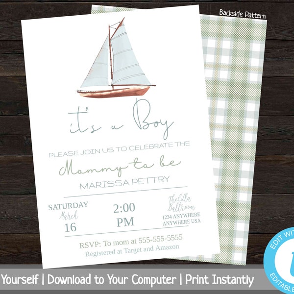 Nautical Baby Shower Invitation, Sailboat Baby Shower Invite, Printable Baby Shower Invitation Boy, Invitation Template, It's a Boy, Plaid