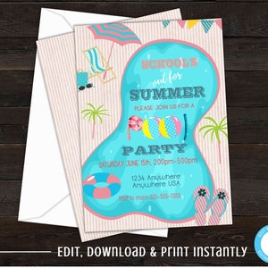 Pool Party Invitation, Schools Out For Summer, Summer Vacation, End of Year Pool Party, Summer Party Invitations, Schools Out Party Invite