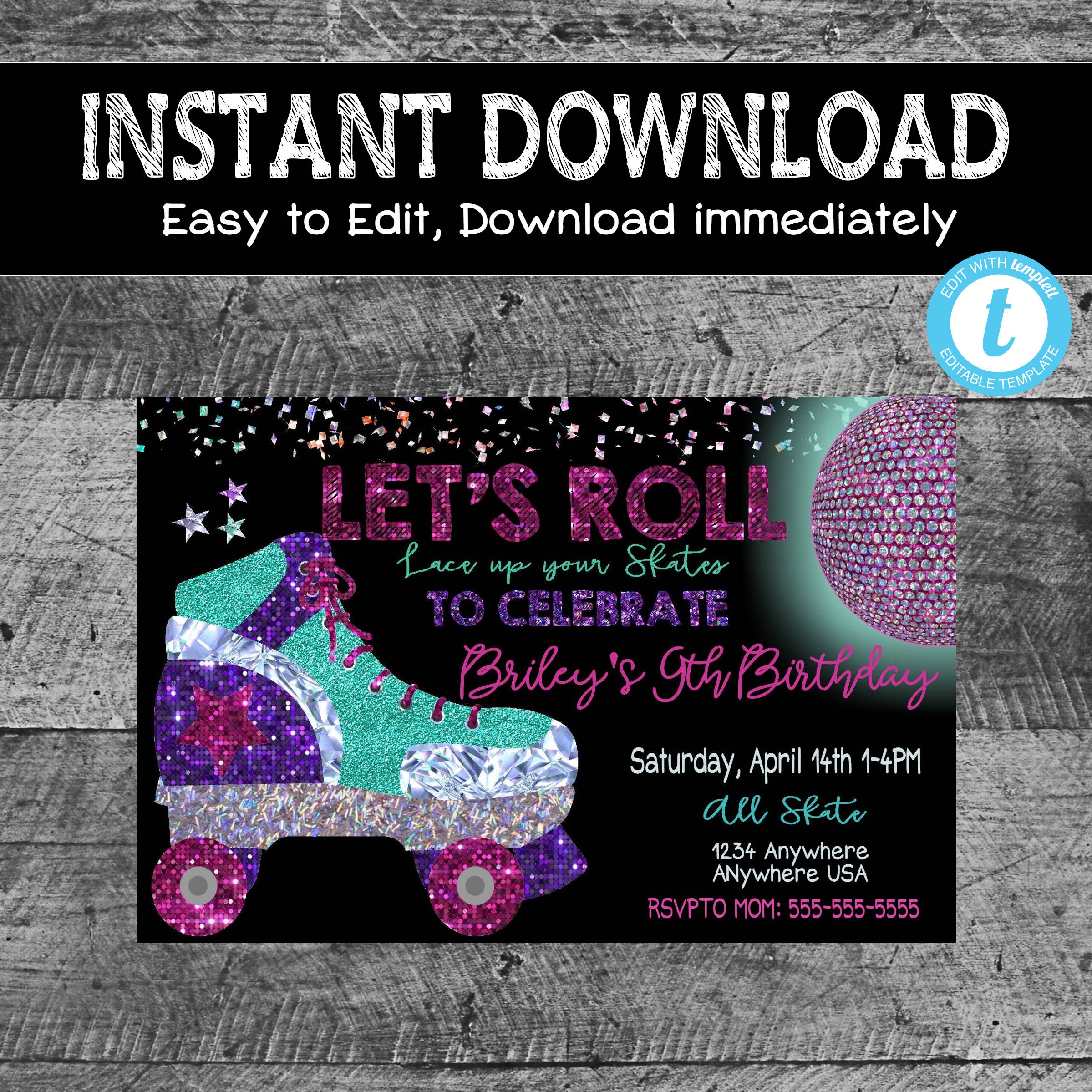 Roller Skate Birthday Party Invitation 80's Disco Skate Etsy