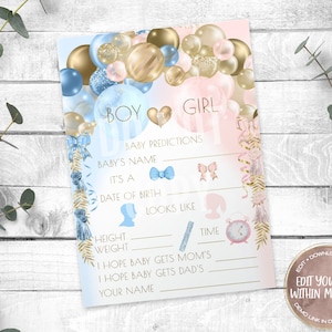 Balloon Gender Reveal What Will Baby Be Baby Prediction Game Card, Editable Template, Printable, Templett, Edit Yourself, Instant Download
