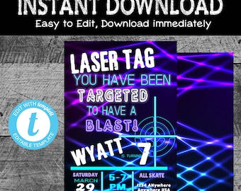 LASER TAG Birthday Invite | Laser tag invitation | Birthday Invitation | Neon | Chalkboard | Edit Yourself | Instant Download | Printable