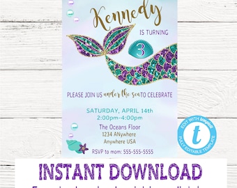 Mermaid Invitation, Mermaid Birthday Invite, Mermaid Party, Under the Sea, First Birthday, Mermaid Theme, Sparkle, Glitter, Aqua Teal Purple