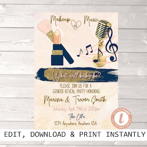 Gender Reveal Invitation, Makeup vs Music Gender Reveal, Blush Pink Navy Invite, He or She What Will Baby Be, Baby Gender Reveal