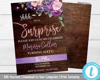 Shhh It's A Surprise, Surprise Party Invite, Floral Birthday Party Invitation, Surprise Birthday Invitation, Milestone Birthday, Rustic Wood