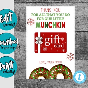 Munchkin gift card holder, Coffee Christmas Gift Card Holder, Teacher Christmas Gifts, Donut Gift Card Holder, teacher gift, easy to edit
