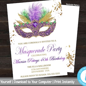 Masquerade Birthday Ball Invite, Birthday Party Invitation, Masquerade Birthday Invitation, Mardi Gras, Milestone Birthday, 30th, 40th, 50th