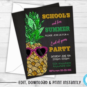End of The Year Party Invitation, Schools Out For Summer, Pineapple Invite, Summer Party Invitations, Glitter, Schools Out Party, Chalkboard