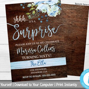 Surprise Birthday Party Invitation, Rustic Surprise Party Invite, Floral Birthday Party Invite, Shhh It&#39;s A Surprise, Milestone Birthday