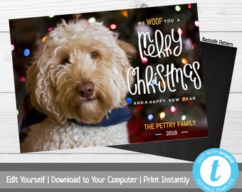 Christmas Card Template with Photo, Pet Lover, Puppy Photo Christmas Card, Photo Holiday Card, Woof Merry Christmas, Printable Dog Xmas Card