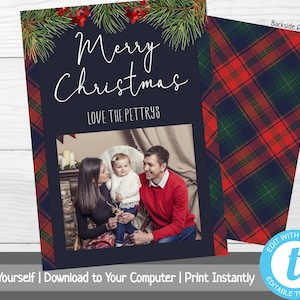 Photo Christmas Card Template, Plaid Christmas Card with Photo, Holiday Card, Merry Christmas, Happy Holidays, Printable Template, Red Plaid