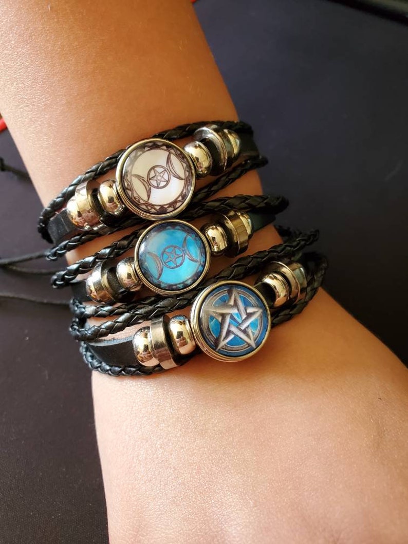 Handwoven Braided Leather Bracelets / Pentacle Bracelet / Triple Moon Pentacle Bracelet / Witchcraft / Witch Supplies / Wicca Accessories 