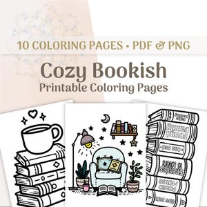 Páginas para colorir para amantes de livros, aconchegantes e livrescos, 10 ilustrações simples e ousadas, download digital instantâneo em PDF para impressão, páginas para colorir para adultos