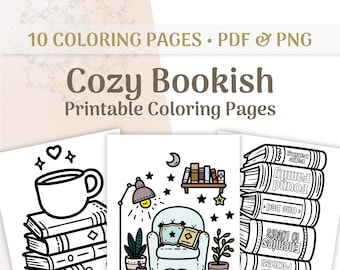Dibujos para colorear para amantes de los libros, 10 ilustraciones sencillas y atrevidas, descarga digital instantánea en PDF, páginas para colorear para adultos.