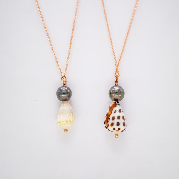 Cone shell pendant, Hawaiian Seashell Jewelry, Tahitian Pearl Island Style Ocean Decor, Bohemian Style Silver Jewelry, Pearl Necklace