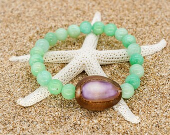 Hawaiian Cowrie Shell Bracelet with Aqua Dyed Quartzite Beads, Stretchy Bracelet with Seashell, Tropical Beach Jewelry, Ocean Jewelry