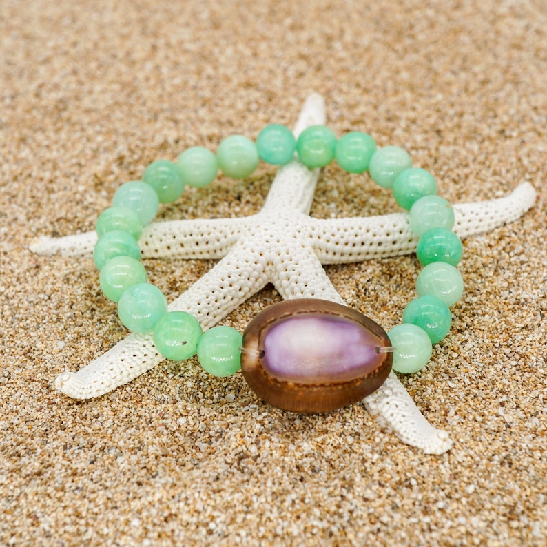 Hawaiian Cowrie Shell Bracelet with Aqua Dyed Quartzite Beads, Stretchy Bracelet with Seashell, Tropical Beach Jewelry, Ocean Jewelry image 1