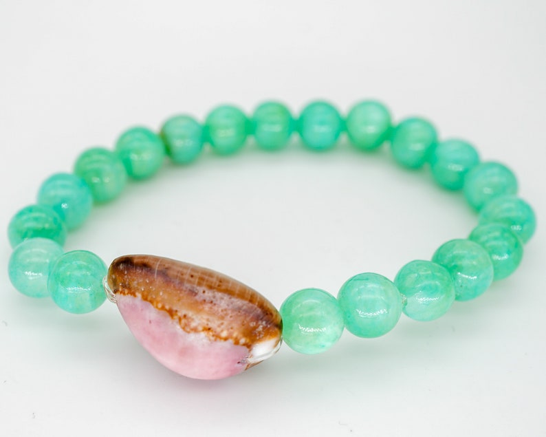 Hawaiian Cowrie Shell Bracelet with Aqua Dyed Quartzite Beads, Stretchy Bracelet with Seashell, Tropical Beach Jewelry, Ocean Jewelry image 4