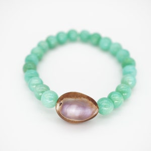 Hawaiian Cowrie Shell Bracelet with Aqua Dyed Quartzite Beads, Stretchy Bracelet with Seashell, Tropical Beach Jewelry, Ocean Jewelry image 2