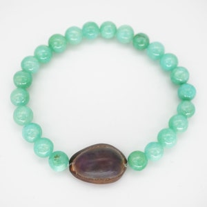 Hawaiian Cowrie Shell Bracelet with Aqua Dyed Quartzite Beads, Stretchy Bracelet with Seashell, Tropical Beach Jewelry, Ocean Jewelry image 3