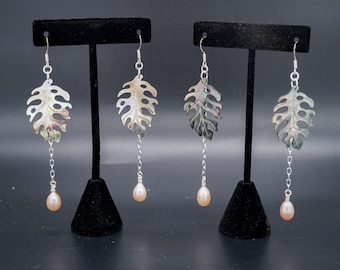 Monstera Leaf Silver Pearl Drop Earrings, Mother of Pearl Carved Earrings, Boho Tropical Jewelry for Her, Iridescent Tropical Statement Wear