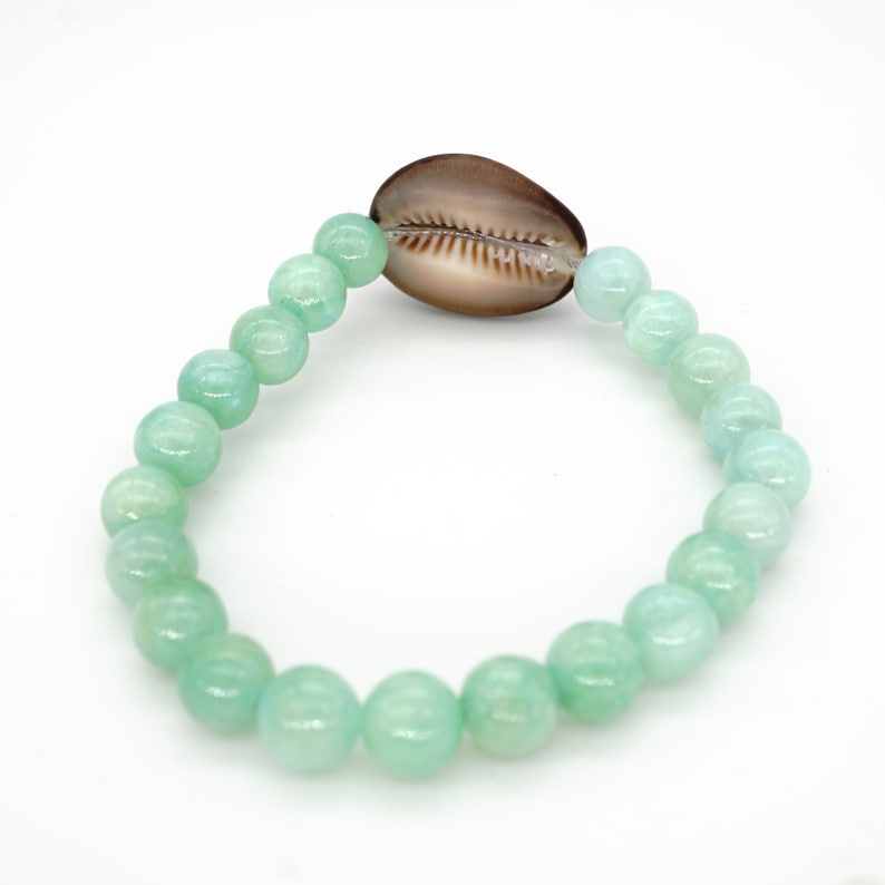 Hawaiian Cowrie Shell Bracelet with Aqua Dyed Quartzite Beads, Stretchy Bracelet with Seashell, Tropical Beach Jewelry, Ocean Jewelry image 9