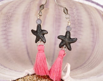 Starfish Earrings, Pink Dangle Earrings for Her, Summer Earrings, Beach Jewelry, Under the Sea Ocean Jewelry, Tassel Earrings, Starfish Art
