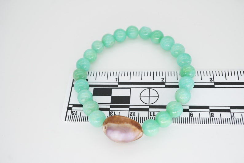 Hawaiian Cowrie Shell Bracelet with Aqua Dyed Quartzite Beads, Stretchy Bracelet with Seashell, Tropical Beach Jewelry, Ocean Jewelry image 7