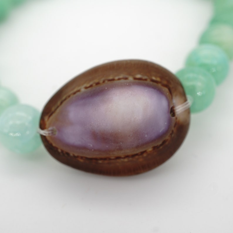 Hawaiian Cowrie Shell Bracelet with Aqua Dyed Quartzite Beads, Stretchy Bracelet with Seashell, Tropical Beach Jewelry, Ocean Jewelry image 6