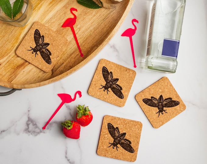 Death's Head Moth Laser Engraved Cork Coasters